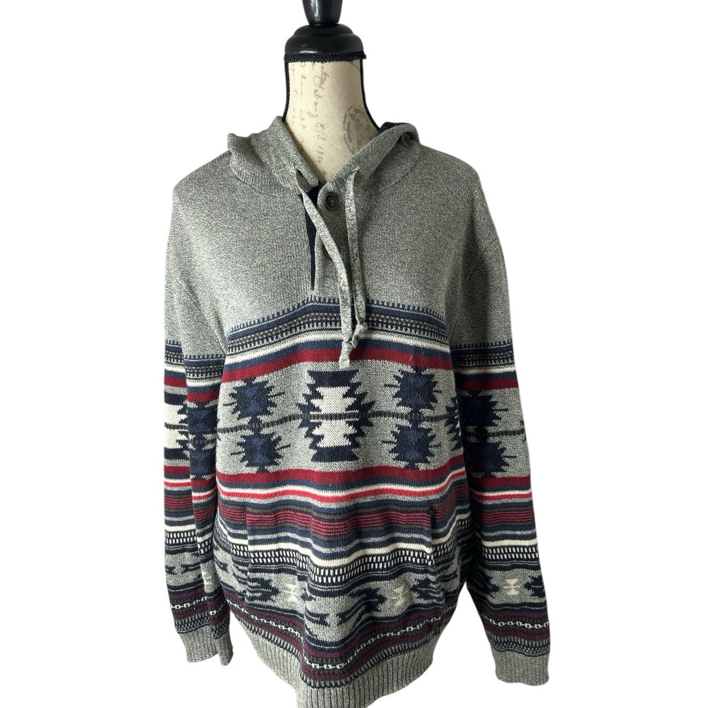 American Eagle Sweater Ivory‎ Gray Aztec Knitted Hoodie Pullover Men Medium
